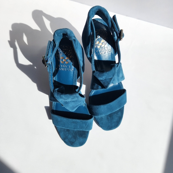 NWOT Vince Camuto 6.5M Kalentie Teal Suede Open Toe Sandals 3.5" Stiletto Heel - Picture 7 of 12